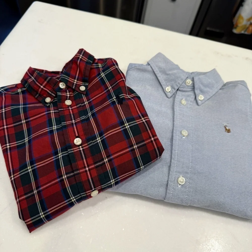 Ralph Lauren Lot Of 2 Boys Button Down Shirts Blue Oxford & Red Plaid Sz 24 Mo.